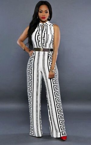 w25007-2 BLACK AND WHITE AZTEC TRIBAL PRINT SLEEVELESS PARTY WIDE LEG JUMPSUIT